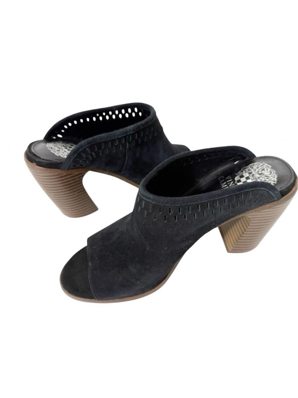 Vince Camuto Merlyna Black Suede Perforated Peep Toe Heel‎ Mules Size 7